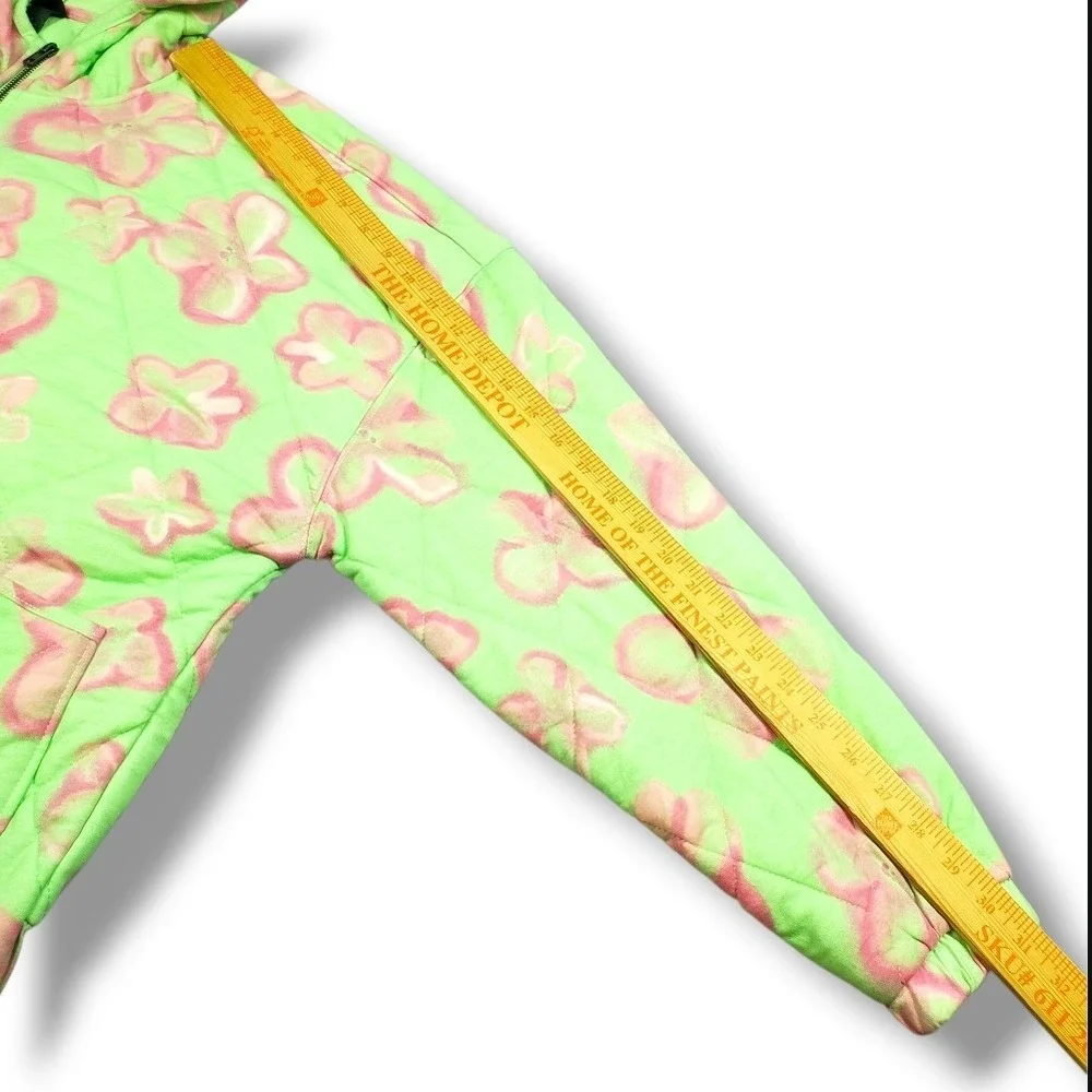 Wild Fable Quilted Hooded Bomber Jacket Womens L‎ Green Pink Floral Art to Wear
